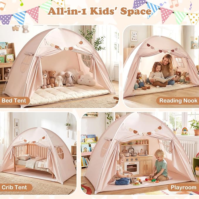 Costzon Toddler Bed Tent, Twin Size Indoor Canopy Tent for Kids w/ 2 Windows, Flag Banner, Brushed Fabric Privacy Playhouse, Portable Play Tent for Bunk Bed, Playroom, Suits 3+ Boys & Girls (Beige)