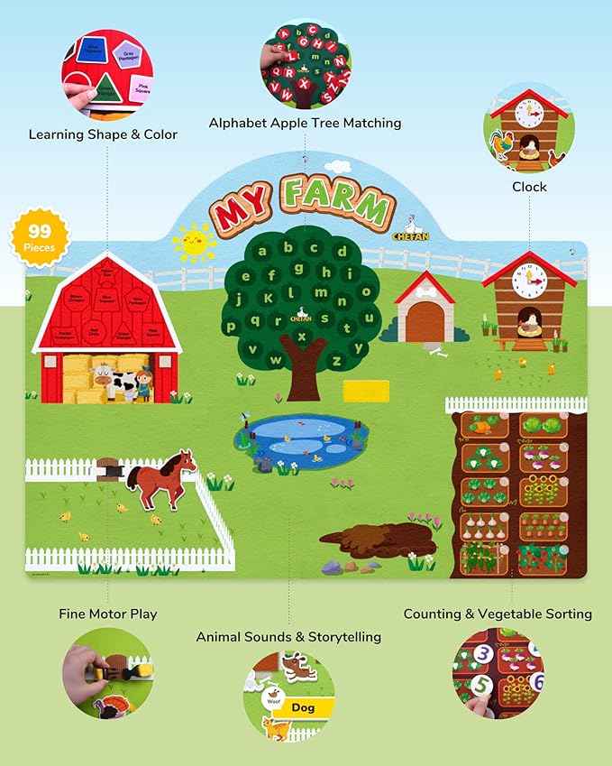 CHEFAN 99 Pcs Farm Animals Felt Story Board Set, 3.9 Ft Preschool Farmhouse Barnyard Theme Flannel Board Storytelling Early Learning, Interactive Wall Hanging Play Set for Toddlers Kids Children
