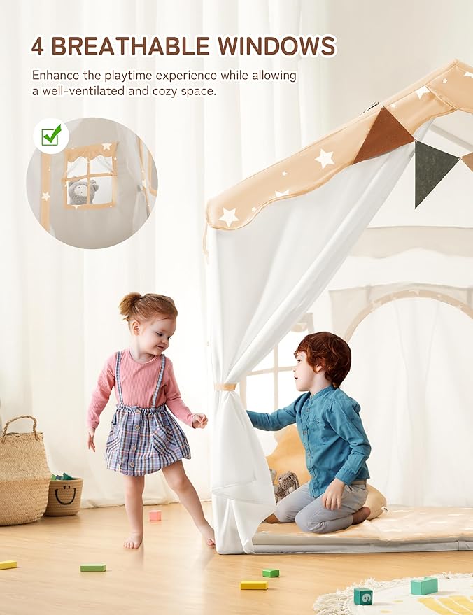 besrey Kids Play Tent 2 in 1 with Padded Mat and Lights, Large Kids Playhouse with 2 Doors & 4 Windows, Indoor & Outdoor, Christmas Toddler Tent, 51" x35" x 51" (White with Star)