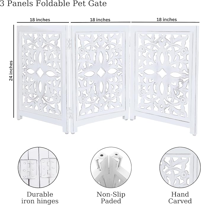 Lightnpro Foldable Carved Wooden Dog Gate - Freestanding 3-Panel Pet Barrier for Dogs - Decorative Walk-Over Fence for Stairs, Doorways & Hallways - Portable & Adjustable - Antique White (24x18 Inch)