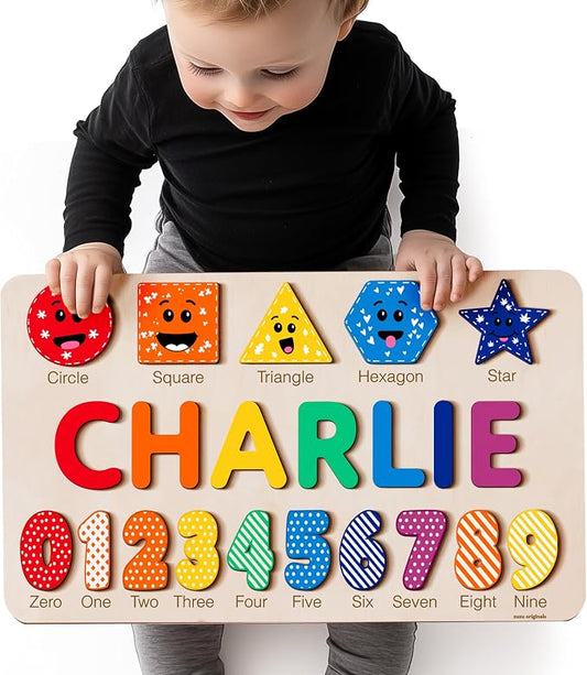 Cute Name Puzzle: Personalized with Name and Numbers&Shapes | 1st Birthday Gift, Wooden Toy Playful Learning Experience for Kids Ages 0-3: Handmade by Zuzu Puzzle, CPC Certified