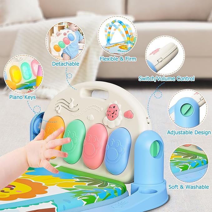 Baby Play Mat with Kick and Play Piano Gym, Funny Tummy Time Mat with Music and Lights, Baby Gyms & Playmats with 5 Infant Sensory Toys, Newborn Boy & Girl Gifts Months (Blue)