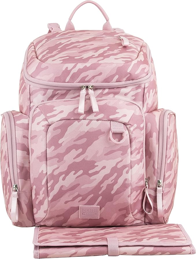 BODHI Baby Tech Top Loader Diaper Bag Backpack with removable changing pad, Unisex, for Moms and Dads - Pink Camo