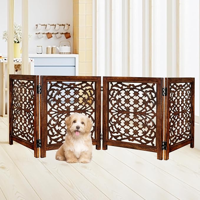 Lightnpro 4 Panel Wooden Dog Gate - 72 Inch Extra-Wide Freestanding Pet Fence - Foldable Indoor Safety Barrier for Small Dogs for Stairs, Doorways & Hallways – Natural Burnt (24x18 Inch Panels)