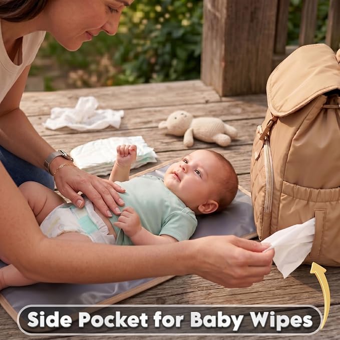Diaper Bag Backpack for Mom & Dad - Large Baby Bag with Changing Pad & Stroller Straps - Laptop Pocket & Bottle Holder - Polyester, Water-Resistant & Travel Diaper Backpack - Soft Shell - Biege Color