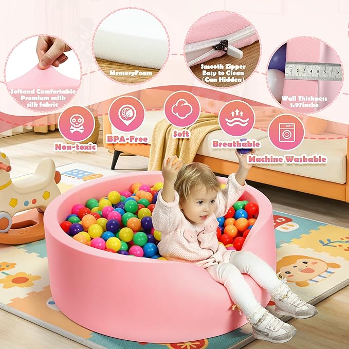 Foam Baby Ball Pit 35.4"x 11.8" for Toddlers, Soft Round Kiddie Playpen Ball Pool for Kids with Soft Memory Sponge for Babies Indoor Game(Balls not Included) Light Pink 35.4IN