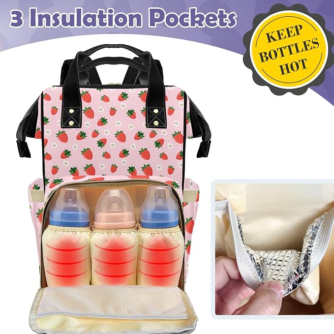 Custom Diaper Bag with Name Personalized Multifunctional Mommy Backpack for Shoulders Outdoor Backpack for Newborn Baby Thermal Pockets Nursing Bags （Strawberry 1）