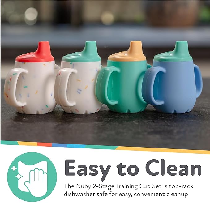 Nuby First Training Cup - Silicone Cup with Free-Flow Spout and Easy-Grip Design - 2 oz - 6+ Months - Aqua and Sprinkles (Pack of 12)