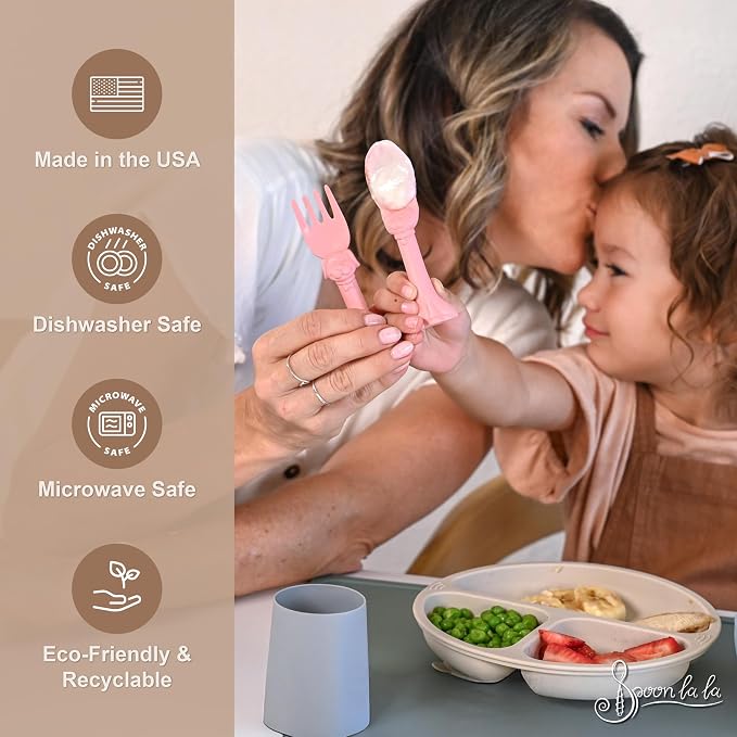 Made in USA Spoon la la Toddler Utensils Set (2 Pack) & Board Book - Spoon & Fork for Kids, Self-Standing 3D Ergonomic Cat & Dog Handles, BPA-free, Dishwasher Safe Baby Silverware (Pink)