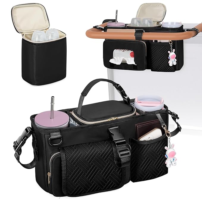 Parent Console Stroller Organizer Compatible with WONDERFOLD W2&W4&X, Wagon Stroller Caddy with 2 Insulated Cup Holders, A Removable Cooler Bag, Black (Empty Bag)