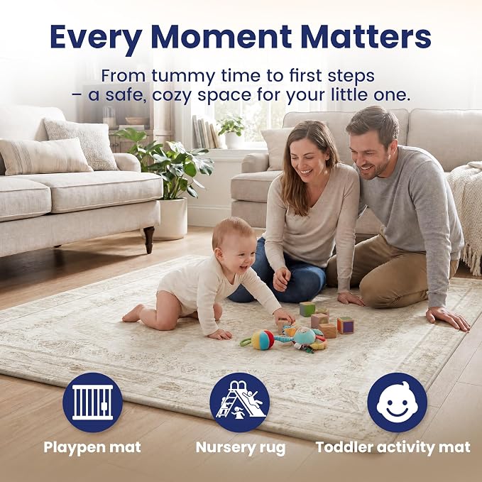 Huloo Sleep Baby Play Mat for Floor - 79x118 Inches 1.3" Thick Elasti-Foam Playpen Mat for Toddlers Infant Kids, Water-Repellent Nursery Rug, Non-Slip Backing for Crawling & Tummy Time, Vintage Beige