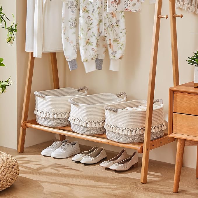 Woven Baskets, 3-Pack Storage Basket for Living Room, Bedroom, Nursery, Stylish Gift Basket with Handles, Cotton Rope Basket for Toys and Shelves, Multi-Purpose Organizer, White/Beige