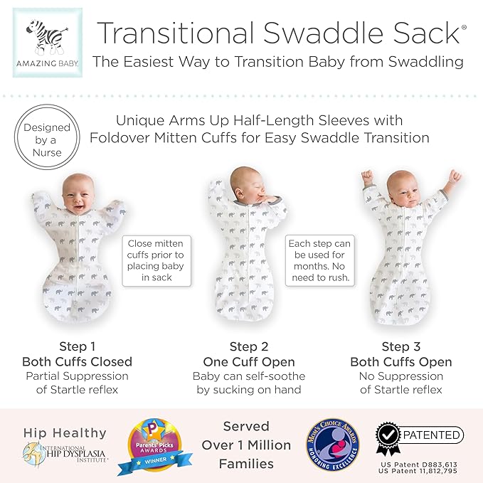 Amazing Baby Transitional Swaddle Sack with Arms Up Half-Length Sleeves and Mitten Cuffs, Small, 0-3 months, 6-14 lbs, Tiny Elephants, Sterling (Arms Up Swaddle, Transition Swaddle Sleep Sack)