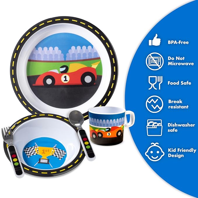 Bentology 5 Pc Mealtime Set for Kids - Racecar Theme - Includes Raised Edge Plate & Bowl, Cup, Metal Fork & Spoon- Dishwasher Safe, BPA Free - Cute Durable Dish, Easy Self-Feeding - Gift for Toddlers