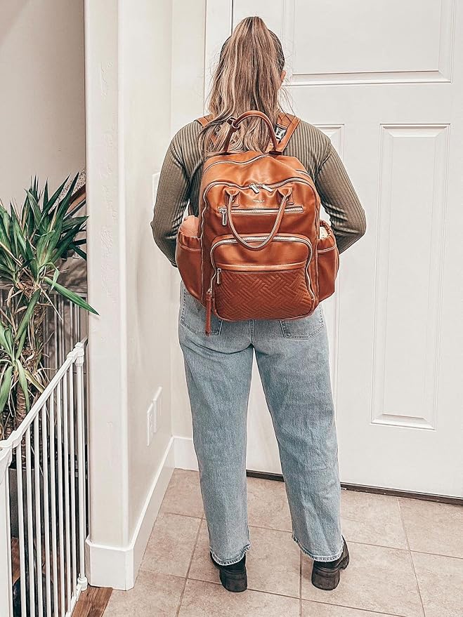 Leather Diaper Bag Backpack for Women with Multiple Pockets,Laptop Compartment and Changing Pad.