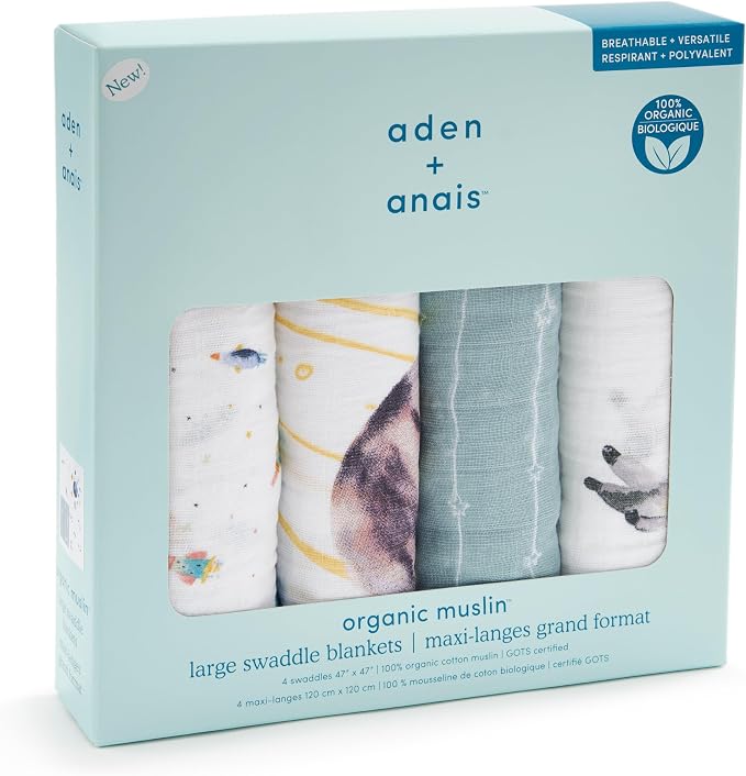 aden + anais 100% Organic Cotton Muslin Swaddles, Breathable Baby Blanket, Ideal for Boys, Girls, Newborns, Babies & Infants, Receiving Blanket, Soft and Lightweight Wrap, 4 Pack, Space Orbit