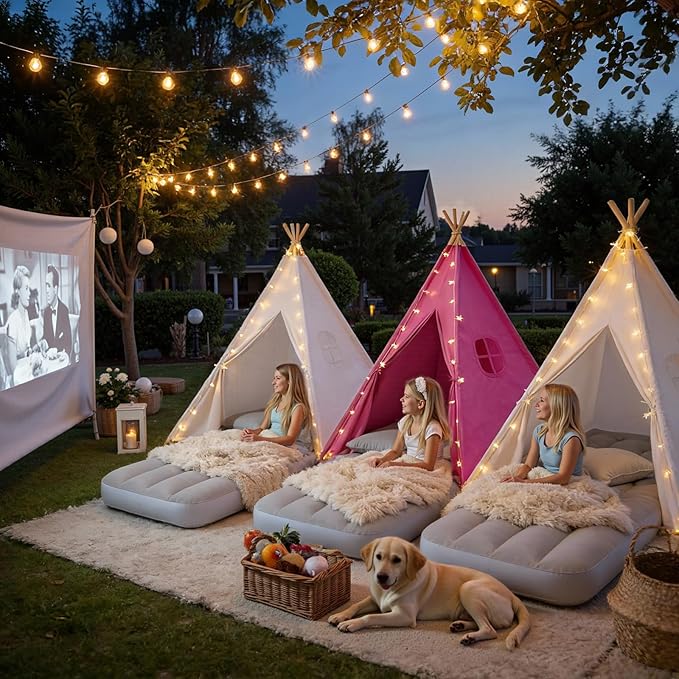 wilwolfer 4 Pack Kids Teepee Tent Bulk and Inflatable Airbed & Light, Natural Toddler Play Tent for Girls Boys Indoor Sleepover Slumber Party Birthday Gifts(White, Rose Red)