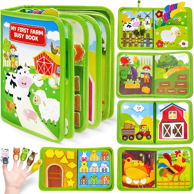 Busy Book for Toddlers 1-3, Montessori Toys for 1 2 Year Old Boy Girl Birthday Gifts, Busy Board Educational Learning Toys for 1+ Year Old, Toddler Airplane Travel Toy Farm Animals Activity Books