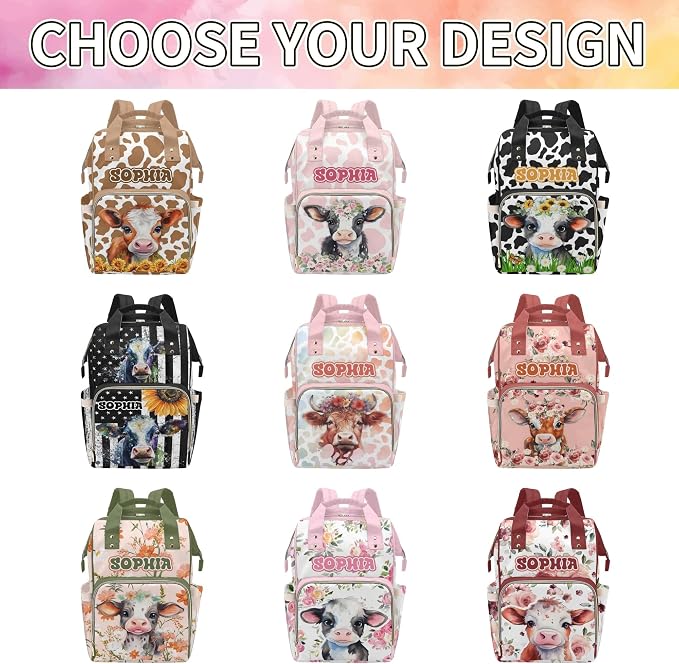 MyPupSocks Customized Name Diaper Bag with Adorable Cow- Tailored Mommy Backpack Comfort for You and Your Little One