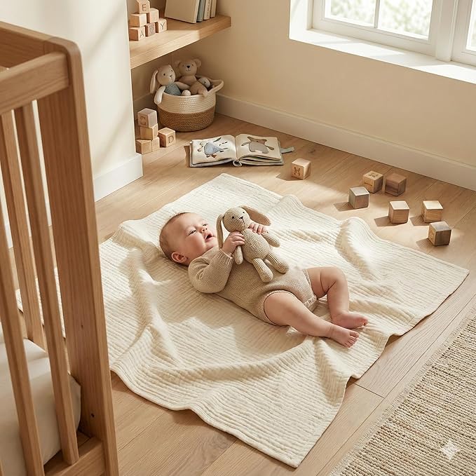HB&Victory 4-Layer 100% Organic Cotton Muslin Baby Blanket, Ivory, 39x47 Inches (100x120 cm) ??Soft, Breathable, Hypoallergenic Swaddle for Newborns & Toddlers