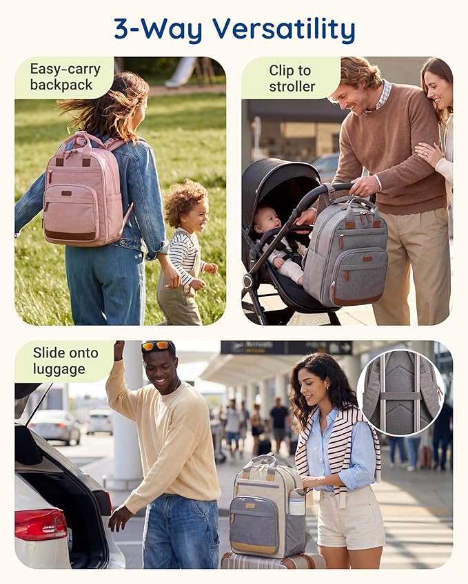 mommore Diaper Bag Backpack with Waterproof Changing Pad, Insulated Bottle Holders & Pacifier Case, Baby Diaper Bag with 2 Organizer Pouches, Stroller Straps, Dark Gray