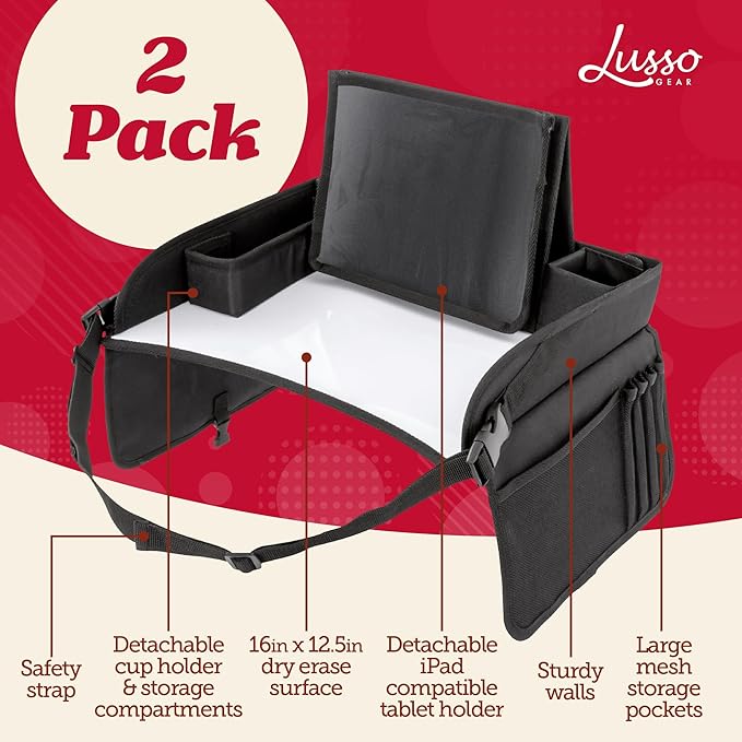 Lusso Gear Kids Lap Desk Tray (Value 2 Pack) - Mesh Pockets & Cup Holder for Car Travel Essentials - Car Seat Tray for Kids Travel & Tablet Holder - Dry-Erase Surface for Road Trip Activities - Black