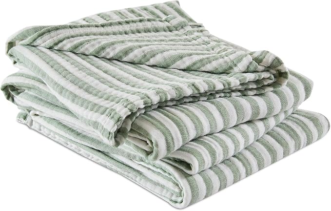 EMME Cotton Muslin King Blanket Bed Layering Bedspread Coverlet Breathable Gauze Soft Lightweight (Striped Sage Green, 108"x90")