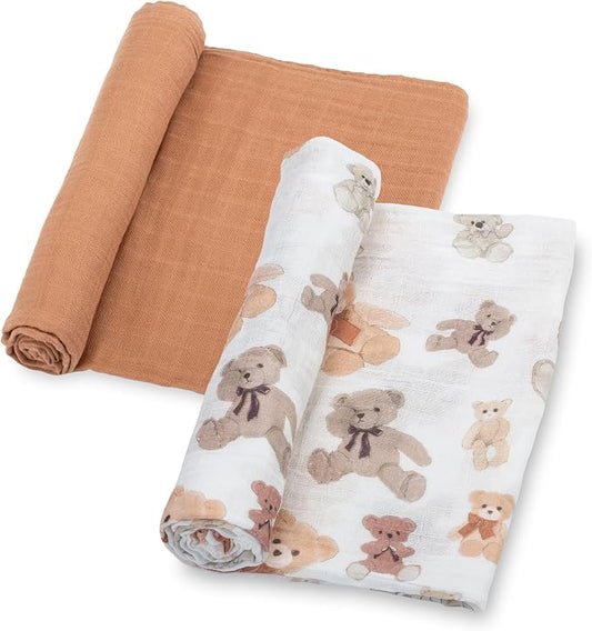 LollyBanks Baby Swaddle Blankets 2 Pack, 100% Cotton Muslin Blanket 47 x 47 Inches, Soft and Breathable Newborn Receiving Blanket for Boys, Cozy Infant Swaddle, Baby Essential (Teddy Bear and Tan)
