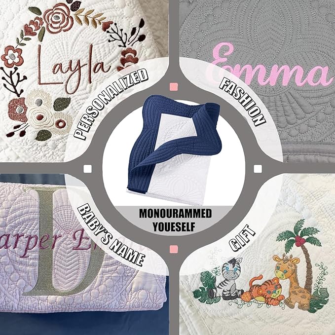 PEACELOVER Embossed Neutral Baby Quilt Durable, Lightweight Baby Blankets Four Seasons for Personlized Monogram Cotton Quilted Blanket Toddler Quilt for Boys and Girls 46x36 Inches (White & Navy)