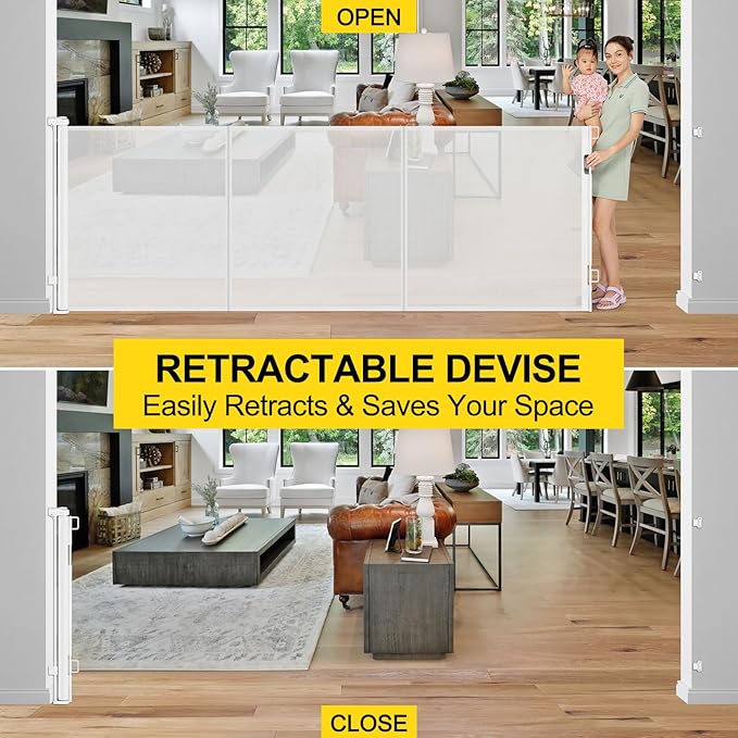 Reinforced 42??Tall x 200??Extra Long Retractable Baby Gates, Extra Tall Baby Gates for Dogs with Support Rods, Retractable Dog Gate for Wide Opening Pet Gate Indoor Outdoor, White