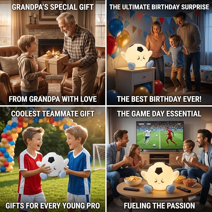 Soccer Night Light for Kids, Rechargeable Silicone Light Up Soccer Ball Lamp, 7-Color Tap Control Dimmable Bedside Nightlight, Cool Room Decor Stuff, Birthday Gifts for Boys 8-12 & Teens