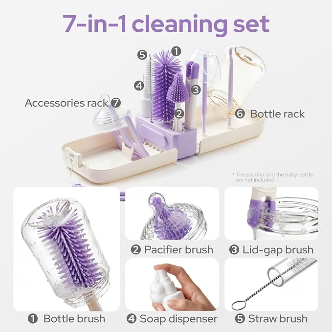 lalalark 7-in-1 Baby Bottle Brush Set, BPA Free Silicone Baby Bottle Cleaning Kit with No Scratch Dual-Headed Brush, Nipple Brushes,Soap Dispenser & Drying Rack,Travel Cleaner with Storage Case,Purple