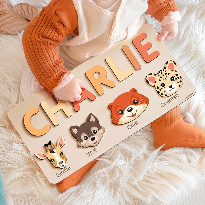Custom Baby Name Puzzle with Animals, Baby Girl and Boy Gift, Personalized Puzzles for Toddlers, 3 6 9 12 15 18 24 36 Months Toy, Custom Babys Gift, Boy and Girl Personalized Wood Toy