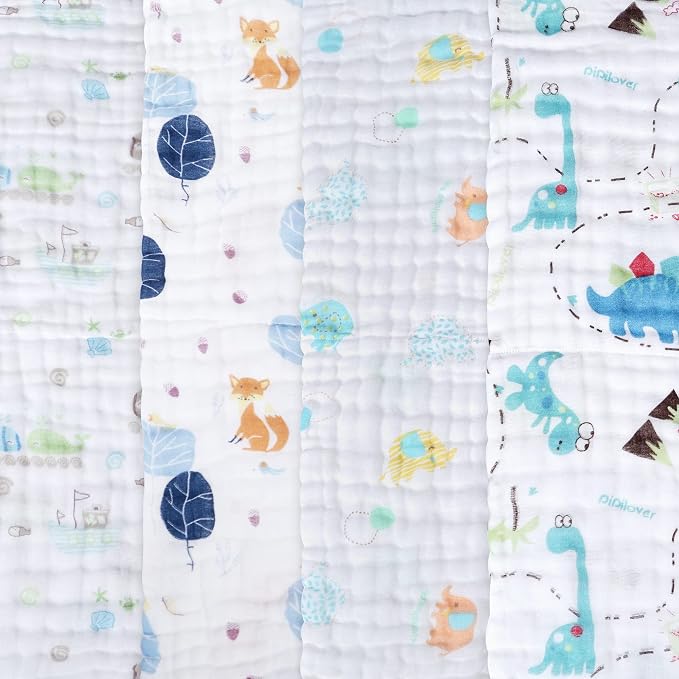 Viviland Baby Muslin Burp Cloths, 100% Cotton Super Absorbent Washcloths for Baby Girl and Boy, 10 x 20 inches 6-Layer Baby Bath Towels, Elephant & Whale Pattern 4 Pack