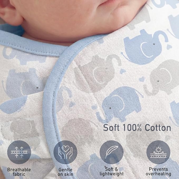 GLLQUEN BABY Swaddles for Newborns with Zipper Smooth & Gentle Wear, Baby Boy Swaddles 0-3 Months, Reduce Startle Reflex Womb-Like Sleep Sack Wrap Blankets Chevron & Baby Blue Elephant