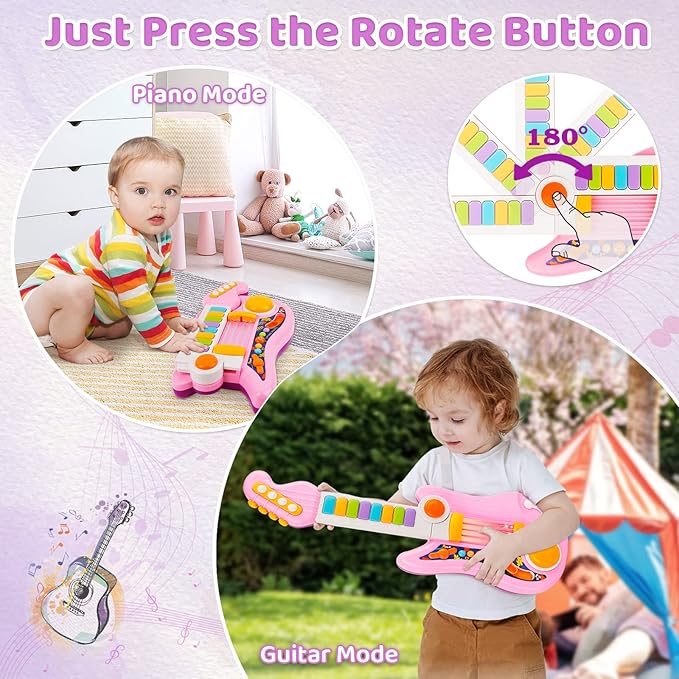 Kids Guitar 2 in 1 Musical Instruments for Kid - Fun Piano Toddler Toy & Electric Guitars | Explore Creativity | Unleash Child?™s Talent, Music Toys for 2-4 Year Old Boys & Girls (Pink)