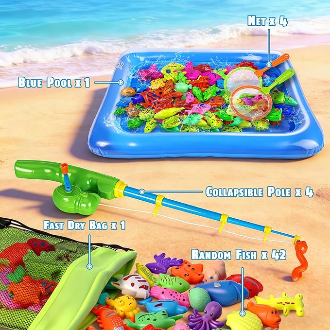 CozyBomB??Magnetic Fishing Toys Game Set for Kids | Water Table Bathtub Kiddie Pool Party Pole Rod Net, Outdoor Plastic Floating Fish, Toddler Bath Color Ocean Sea Animals Birthday Gift Age 3-5 6 4-8