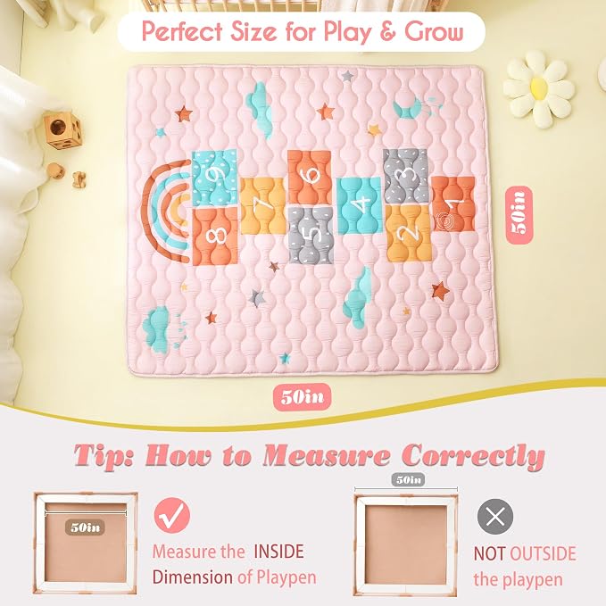 Viviland Baby Mats for Floor, 50x50 Inch Playpen Mat, Thick Playmat for Baby and Toddlers Infants, Non-Slip & Machine Washable, Cloud Hopscotch