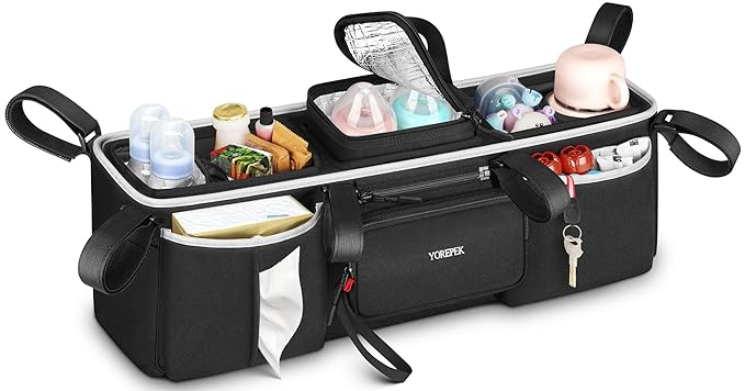 YOREPEK Heavy Duty Double Stroller Organizer for Bob Duallie, Baby Jogger City Mini GT2 and Jeep,Stroller Caddy with Detachable Cooler Bag and Handbag,Stroller Storage Attachment for Baby Accessories