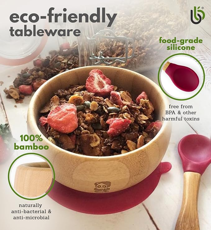 Suction Bowl for Baby, Bamboo Baby Bowl and Spoon Set with Removable Food-Grade Silicone Suction Cup for Kids – Safe, Sturdy, Non-Toxic Toddler Suction Bowl for Baby-Led Self-Weaning (Cherry Bundle)