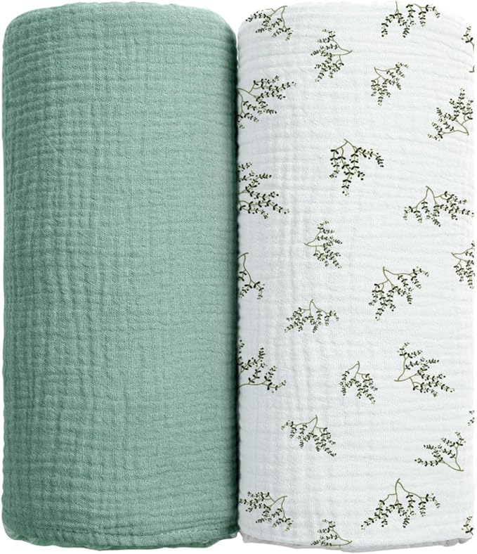 lulumoon Baby Muslin Swaddle Blankets: Soft Receiving Blanket for Newborn - Cotton Swaddling Blanket for Neutral 2Pack(Leaf Summer)