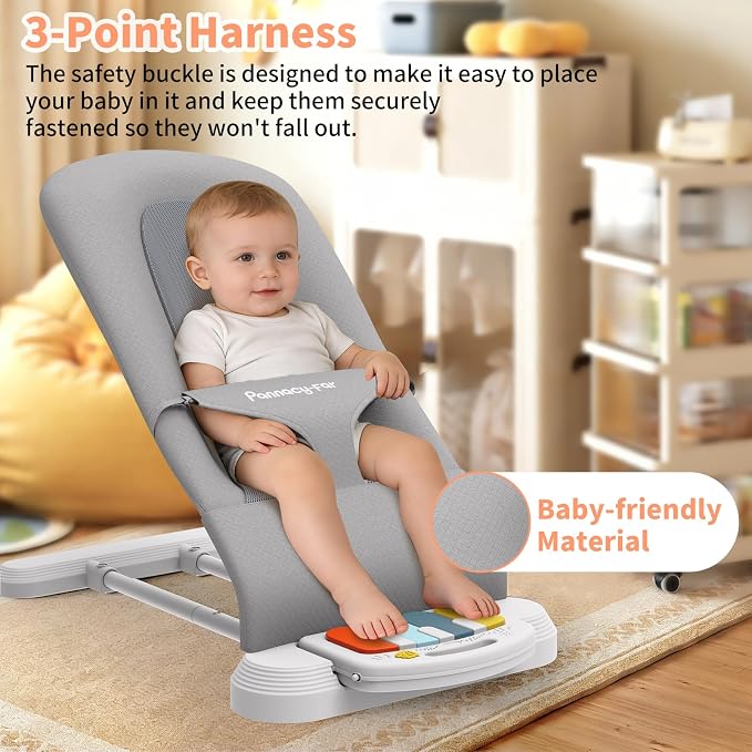 Baby Bouncer Seat, 3-Speed Adjustable Height Baby Bouncer Seat, 4-in-1 Bouncer Seat for Babies 0-6 Months, Detachable Piano Pedals, Feeding Tray