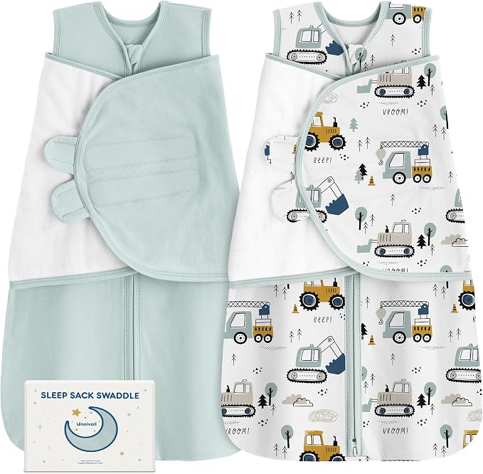 Unnivoll Newborn Sleep Sack Swaddle 100% Cotton Baby Swaddle 0-3 Months, 3-Way Adjustable Wearable Blanket, TOG 0.5, 2 Pack for Baby Boy Girl White Green Excavator