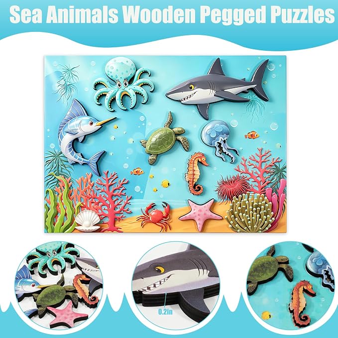 7 Pcs Sea Animals Wooden Pegged Puzzles for Toddlers,Educational Toddler Wooden Puzzles for Shape & Color Recognition,Ideal Baby Puzzles for Underwater Party & Home Decor