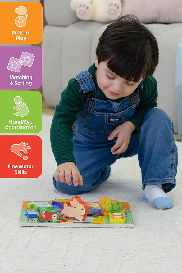 Jasey's Toy Chest Wooden Pets Puzzle & Play Set | 9-Piece Chunky Animal Puzzle with Board | Educational Toy for Toddlers Ages 12+ Months