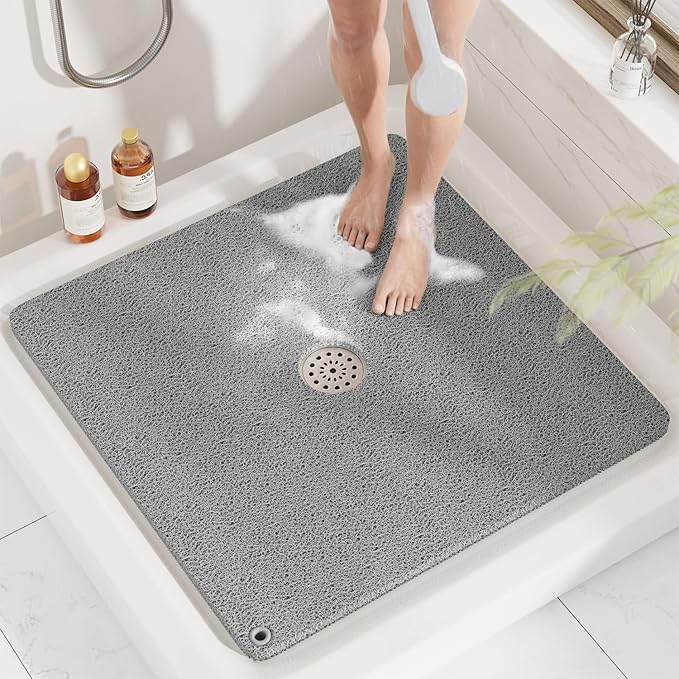 HITSLAM Shower Mat, 27x27 Inch Square Non Slip Bathtub Mat, Soft PVC Loofah Bath Mat for Tub with Hanging Holes, Quick Drying Shower Floor Mat, Without Suction Cups, Grey