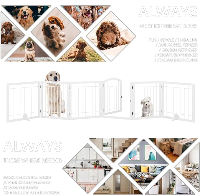JSB 144-inch Extra Wide 30-inch Tall Dog gate with Door Walk Through, Freestanding Pet Gate for Halls, Stairs & Home, Pet Puppy Safety Dog Fence with 2PCS Support Feet (White)