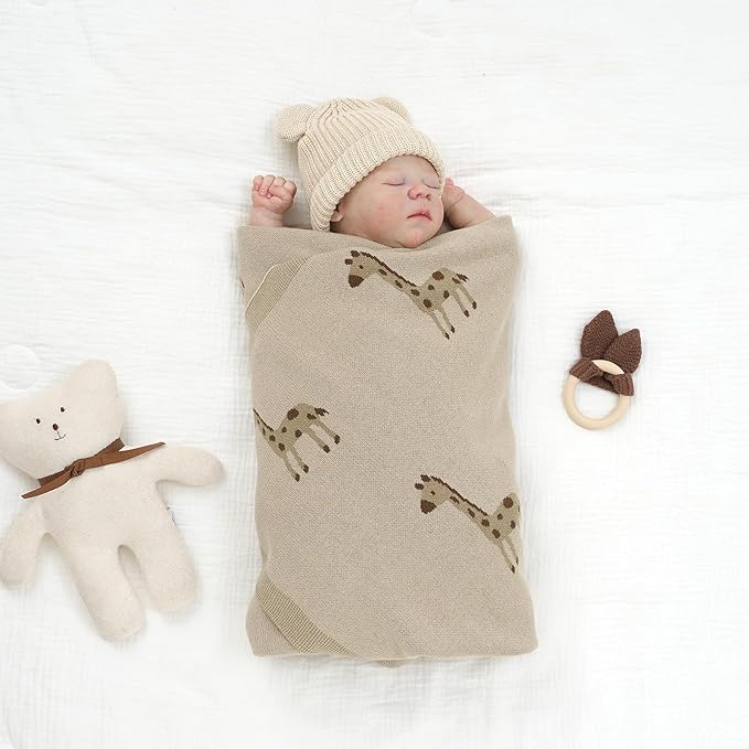 Opewod Soft Cotton Knit Baby Blanket with Cute Deer Print 40x30in Newborn Receiving Blanket Swaddle Cuddle Blanket for Crib, Stroller, or Nursery for Infants & Toddlers Camel