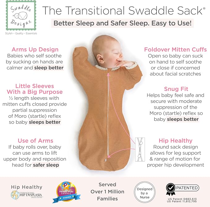 SwaddleDesigns Transitional Swaddle Sack, Arms Up Half-Length Sleeve Mitten Cuff, Most Gradual Transition Swaddle for Newborn
