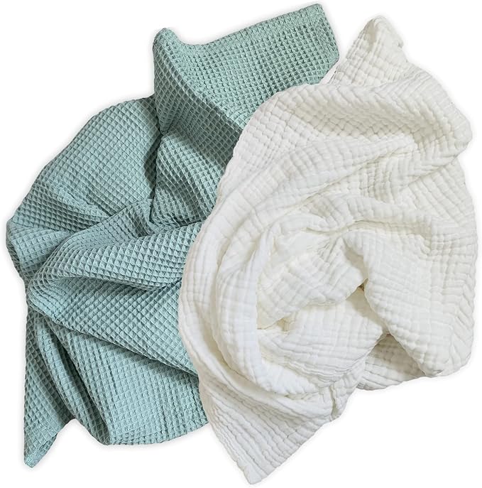 Leyl&Ari Waffle Baby Blanket, 100% Organic Cotton Soft Thin Honeycomb Breathable Summer Thermal for Infant, Newborn, Toddler Crib, Gender Neutral Essential Accessories and Gift (Sage Set)